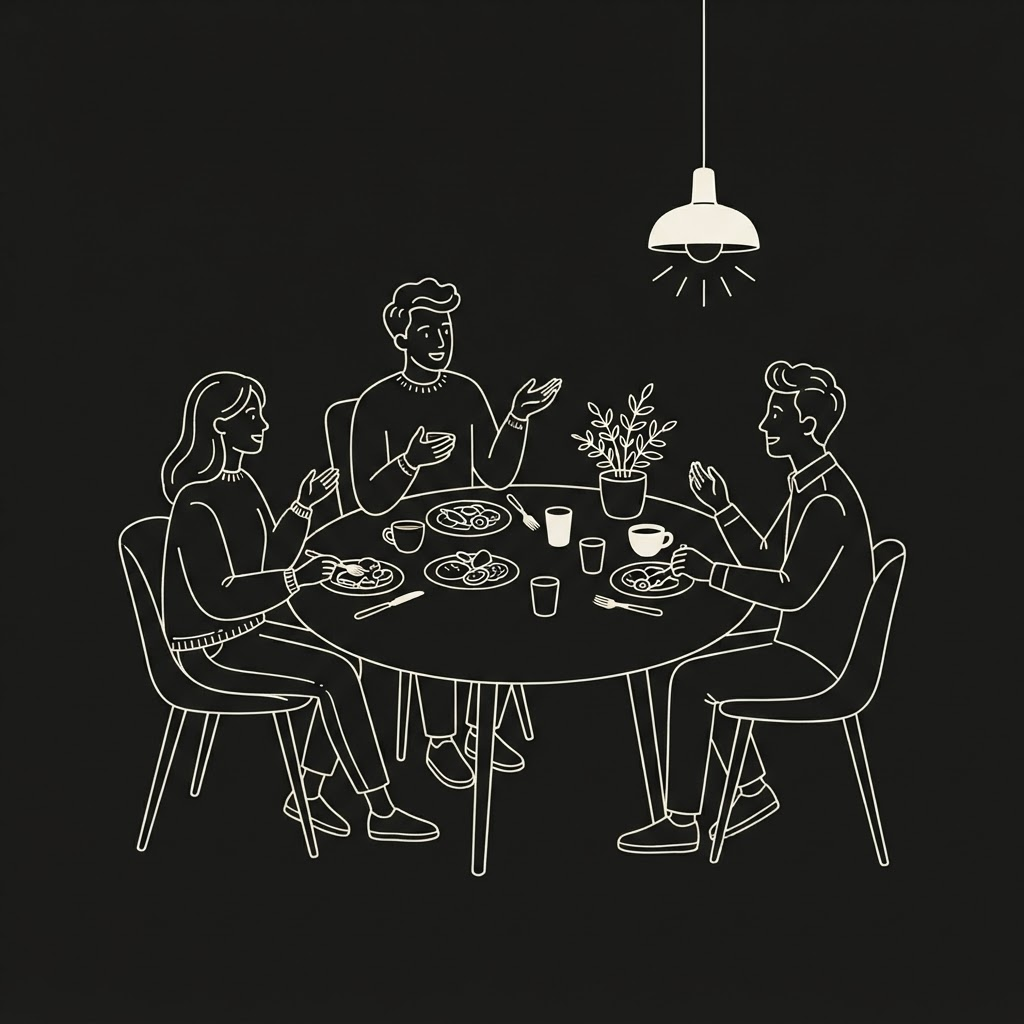 Temporary placeholder illustration Ivory contour line drawing of four people gathered around a table under a pendant lamp, sharing a meal and conversation.